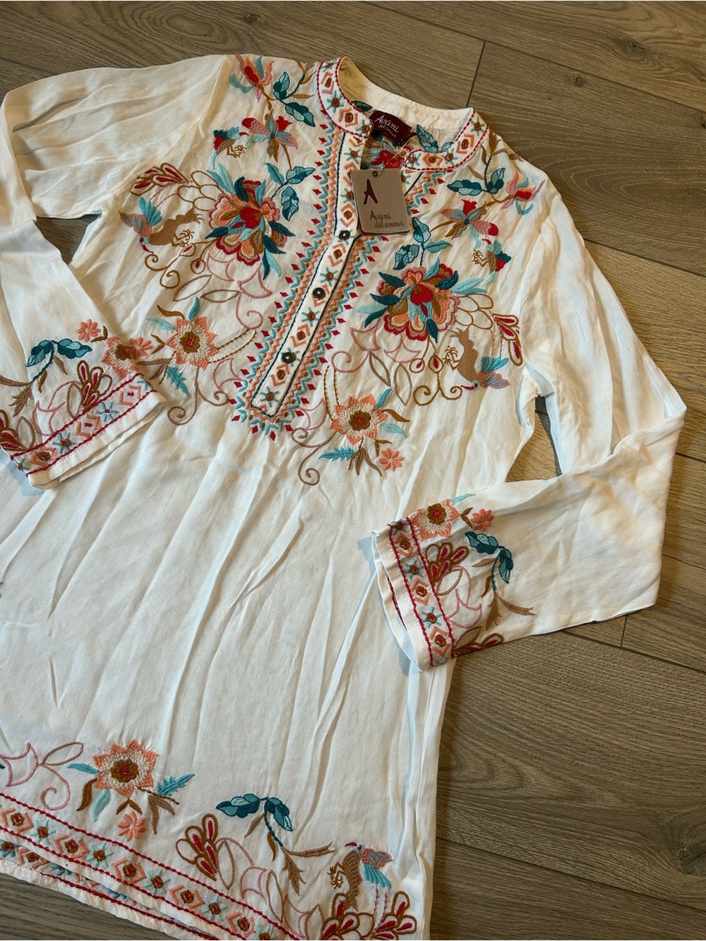 Avani Del Amour Boho Floral Embroidered Tunic Blouse White Size Small New